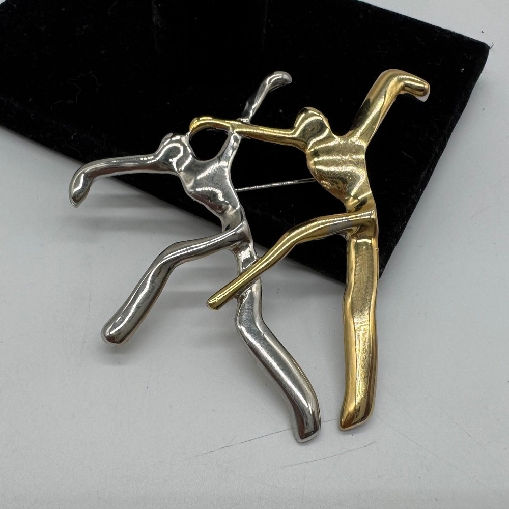 Vintage Abstract Dancing Figures Brooch Two Tone Silver Gold Modernist Pin 3.5"